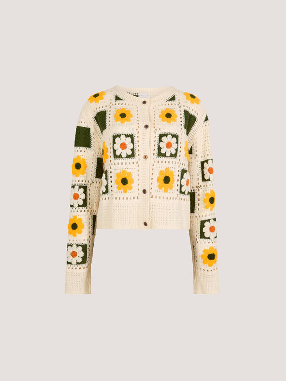 Patchwork Daisy Crochet Cardigan, Yellow, large