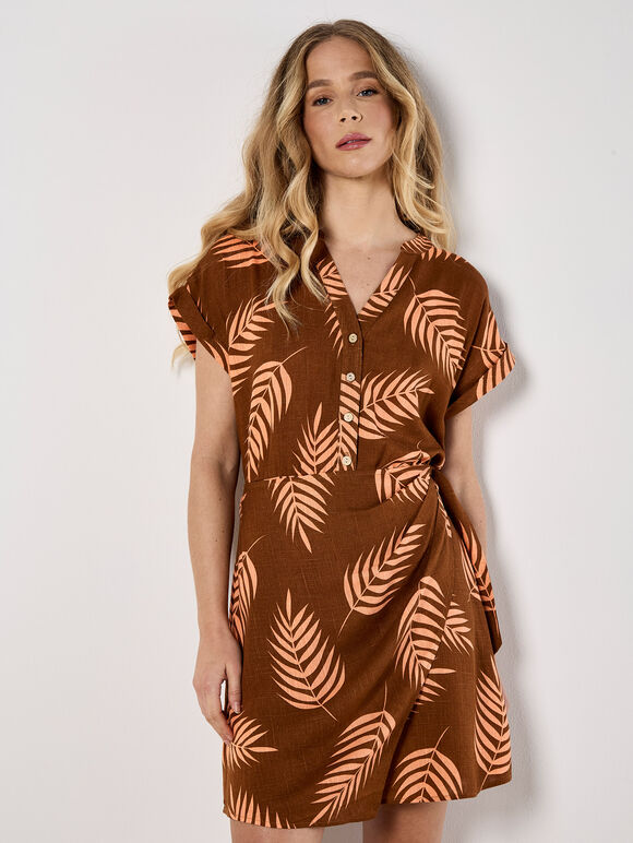 Tropical Leaf Wrap Mini Dress, Rust, large