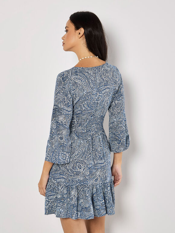 Metallic Dobby Paisley Mini Dress, Blue, large