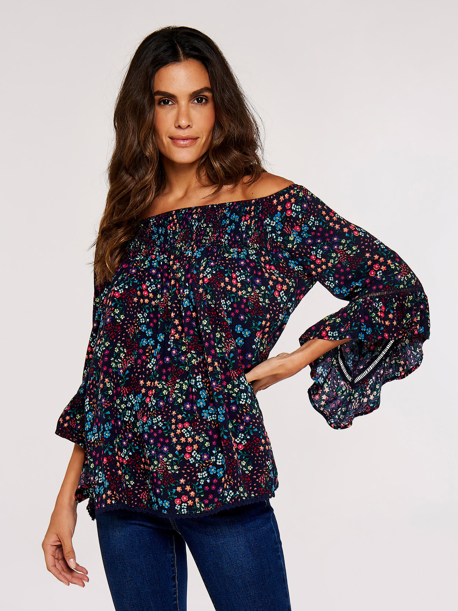 Ditsy Spray Bardot Top Apricot Clothing