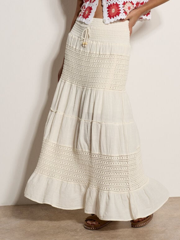 Crochet Tiered Maxi Skirt
, Cream, large
