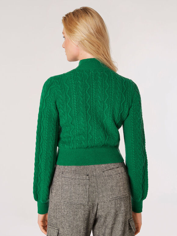 Cropped Cable Knit Aran Jumper, Green, large