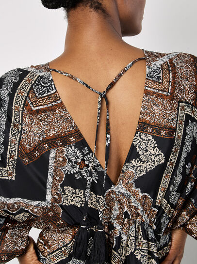 Satin Scarf Print Kaftan Mini Dress