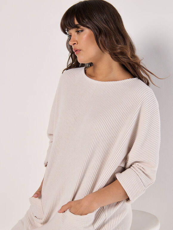 Ribbed Knit Cocoon Mini Dress, Stone, large