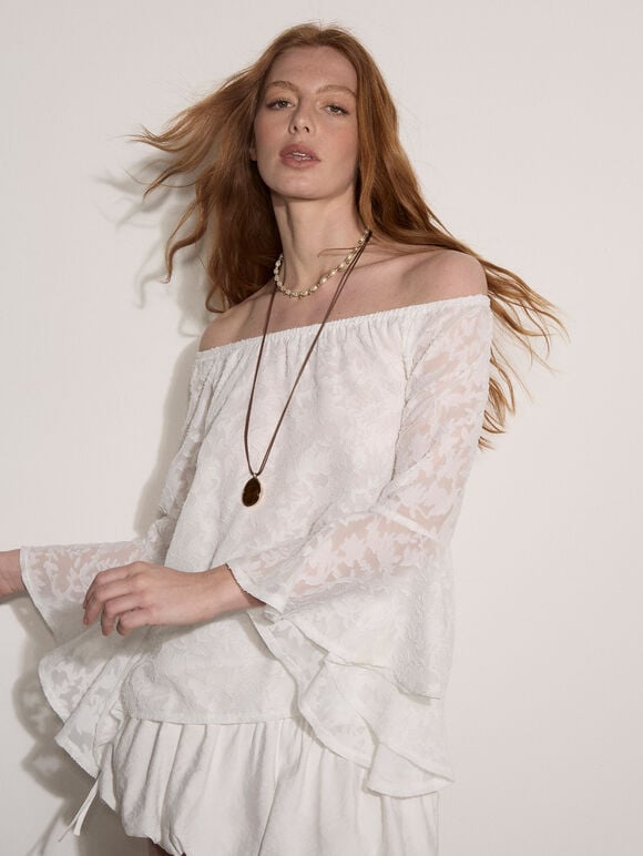 Jacquard Chiffon Bardot Top, White, large