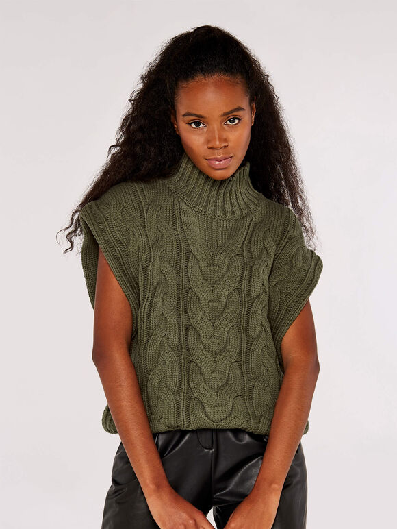 Chunky Cable Knit  Vest, Khaki, large
