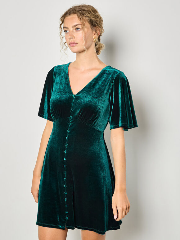 Velvet Button-Down Mini Dress, Green, large