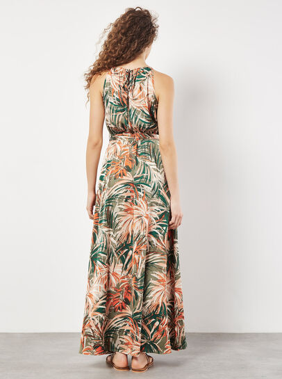 Tropical Leaf Satin Midi Dress