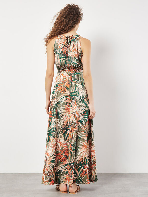 Tropical Leaf Satin Maxi Dress, Khaki, large