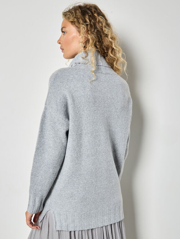 Oversized Roll Neck Tunic Jumper, Light Grey / Silver, large