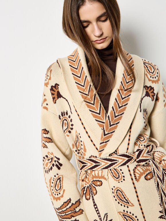 Chevron Palm Belted Cardigan, Stone, large