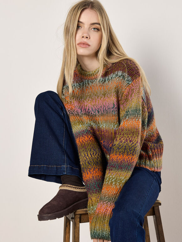 Chunky Knit Tonal Stripe Jumper, Orange, large