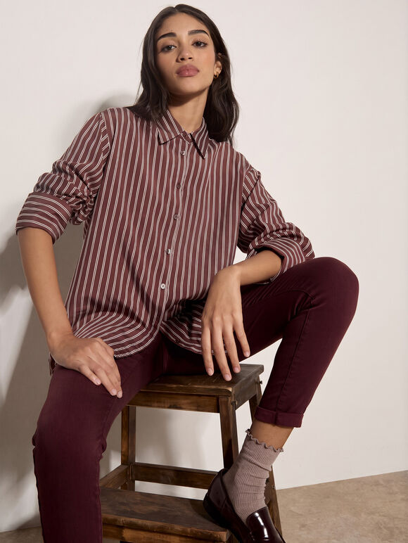 Oversized Stripe Shirt, Burgundy, large