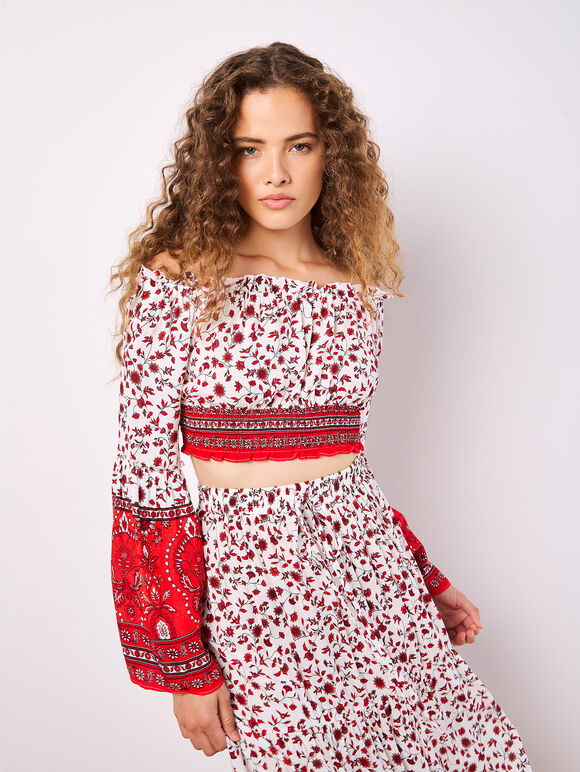 Sarasa Floral Cropped Milkmaid Top, White, large