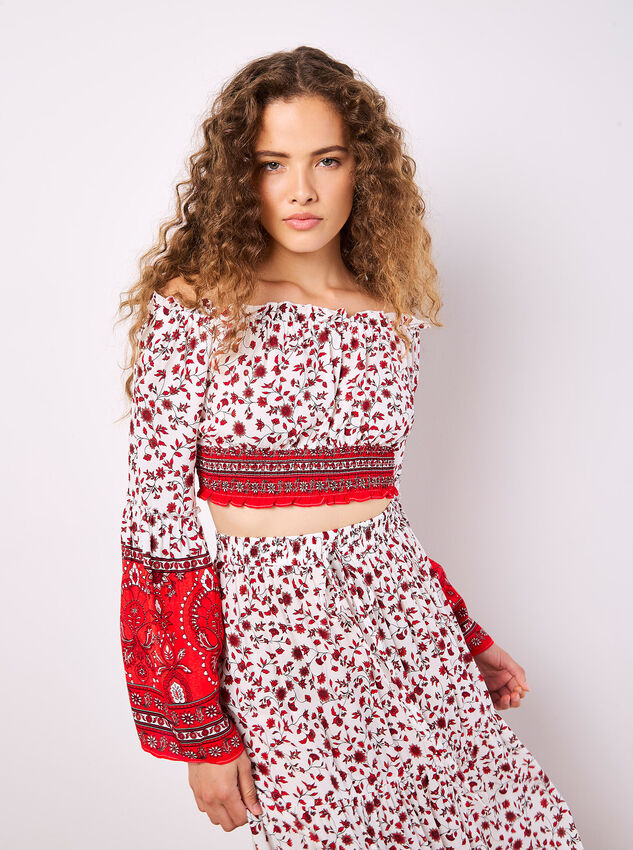 Sarasa Floral Cropped Milkmaid Top, White, large