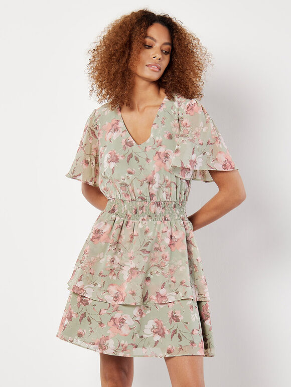 Watercolour Blooms Chiffon Mini Dress, Mint, large
