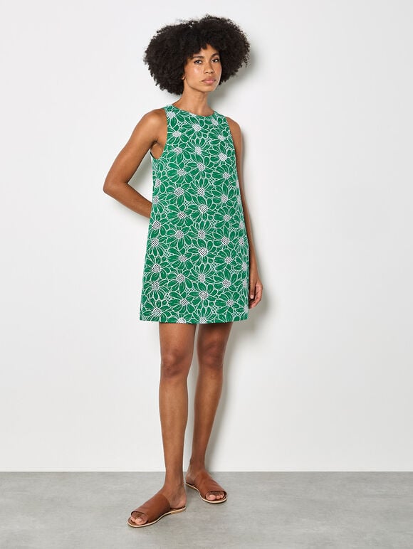 Floral Embroidered Shift Mini Dress, Green, large