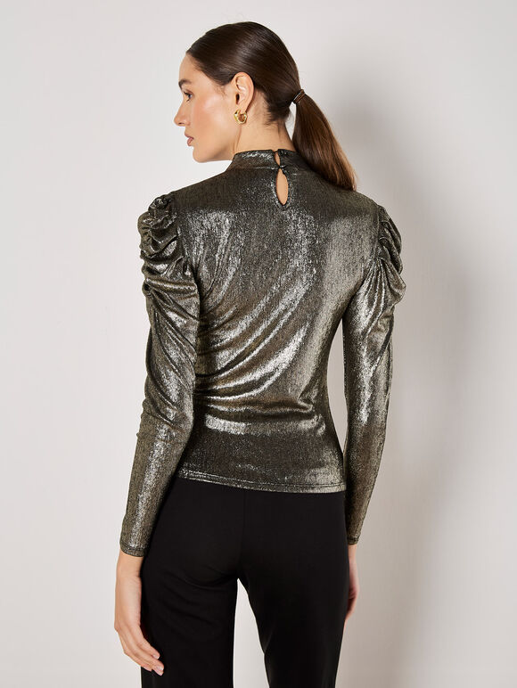 Metallic Foil Ruched Shoulder Top, Yellow, large