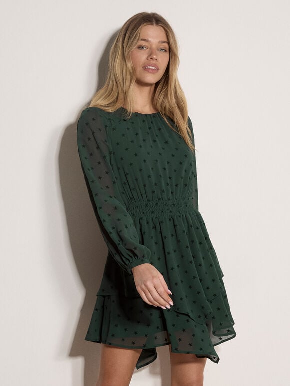 Crepe Velvet Star Tiered Mini Dress, Green, large