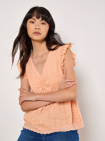 Cotton Broderie Ruffle Shoulder Top