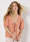 Raw Edge Ruffle Tie-Up Top, Coral, large
