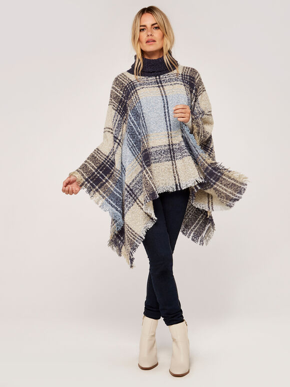Plaid Roll Neck Poncho, Blue, large
