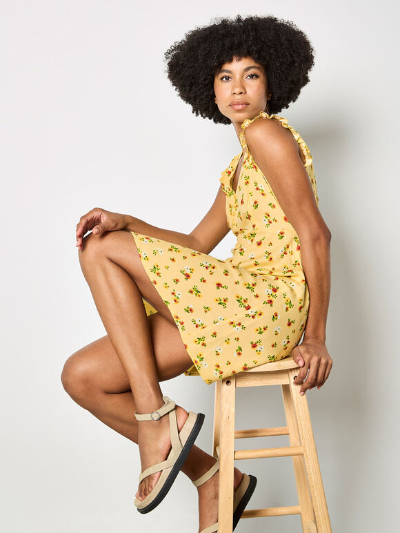 Vintage Floral Ruffle Mini Dress, Yellow, large