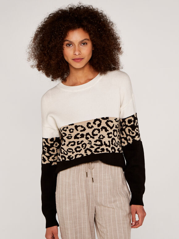 Animal-Color-Block-Pullover, Creme, groß