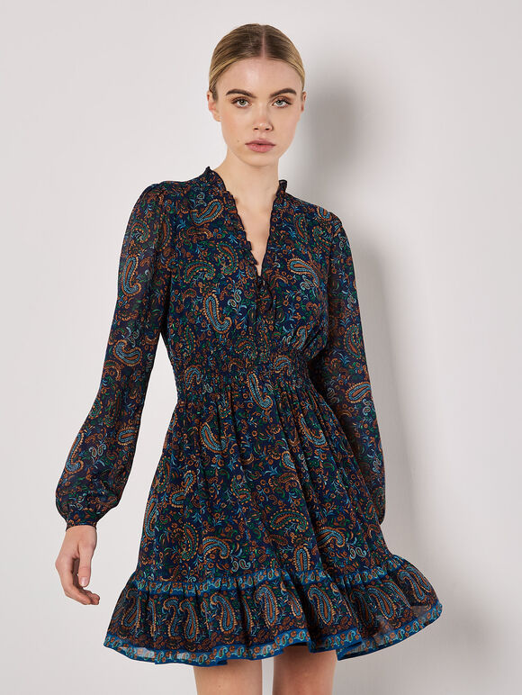 Paisley Ruffle Mini Dress, Navy, large