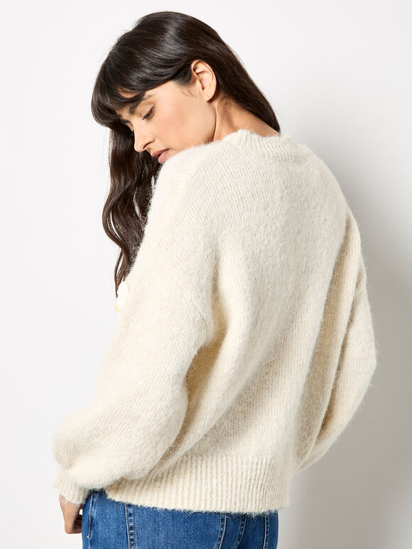 3D Daisy Embellished Oversized Jumper, Stone, large