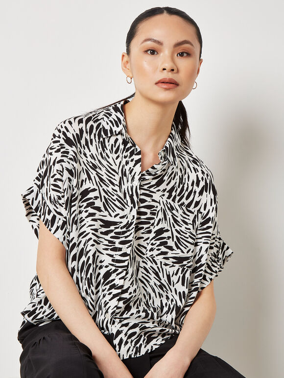 Brushstroke Print Short Sleeve Shirt, Black, large