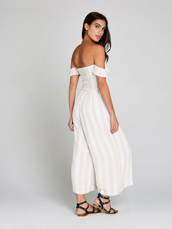 Stripe Bardot Smock Jumpsuit, Stone, large