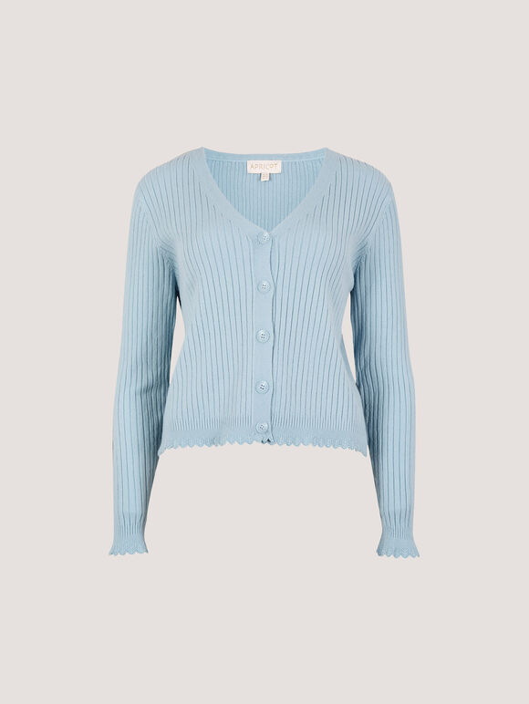 Ribbed Knit Scalloped Cardigan, Blue, large