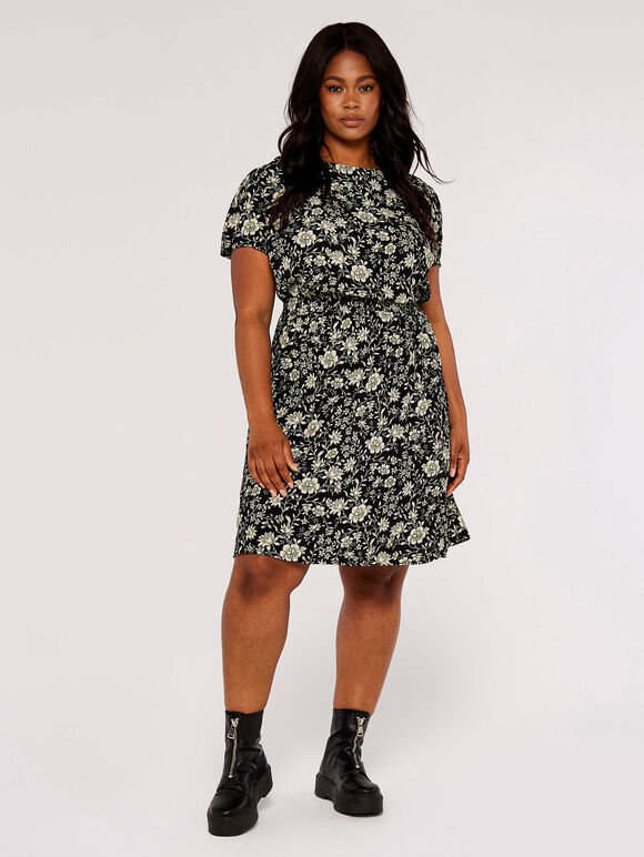 Curve Floral Mini Dress, Black, large
