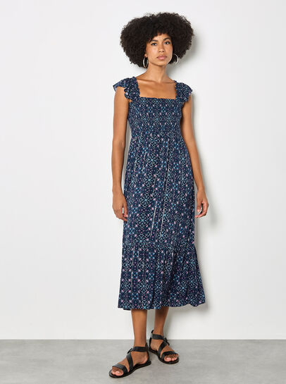 Folk Floral Metallic Midi Dress