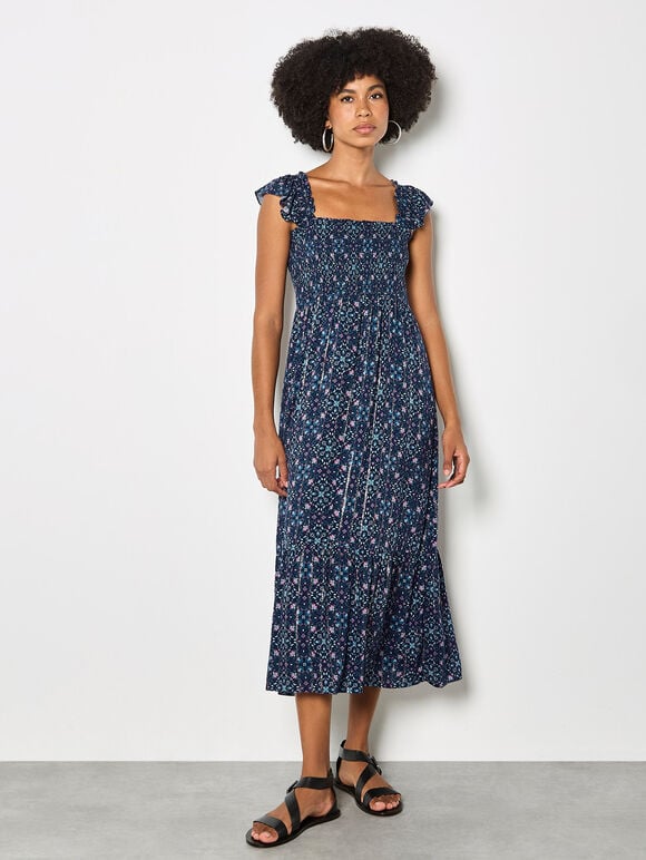 Folk Floral Metallic Midi Dress, Navy, large