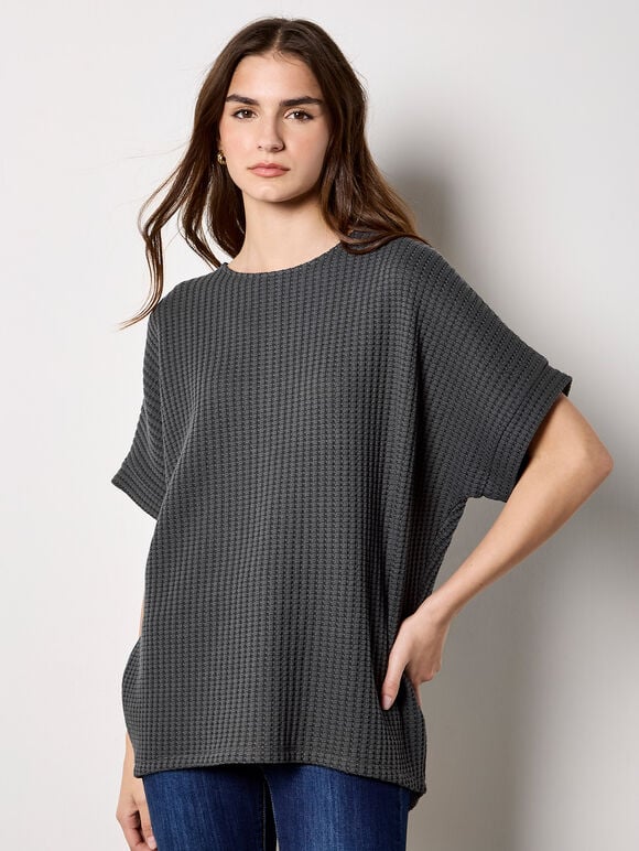 Waffle Knit Batwing Top, Dark Grey - Charcoal, large