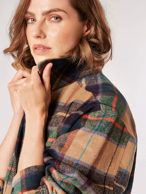 Checked Oversized Shirt Coat, Brown, large