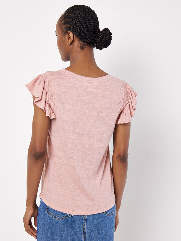 Soft Slub Ruffle Sleeve T-Shirt, Pink, large
