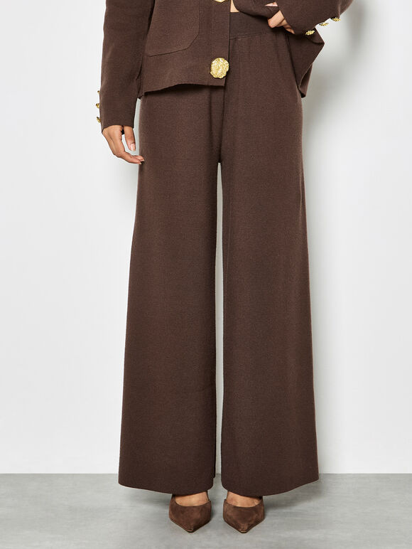 Soft Knit Wide Leg Trousers, Brown, large