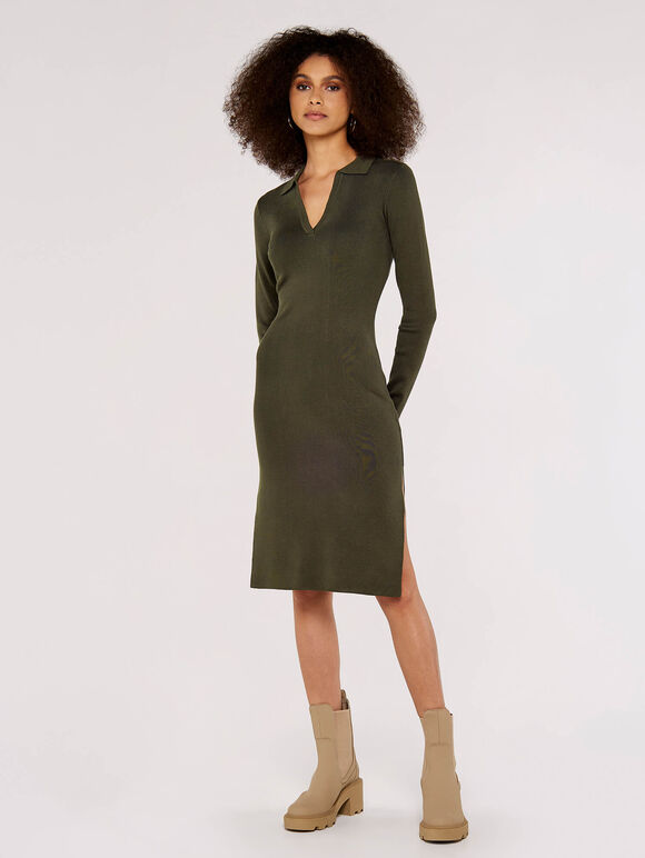 Knitted Split Mini Dress, Khaki, large