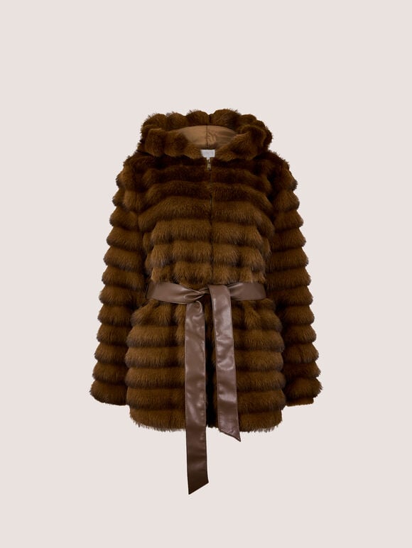 Faux Fur Panel Belted Coat, Brown, large
