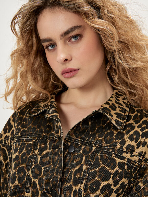 Leopard Print Denim Crop Jacket, Brown, large
