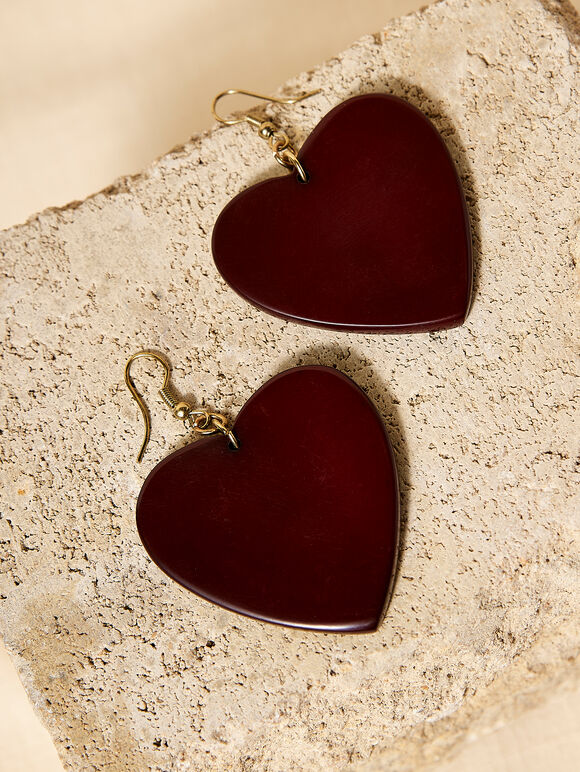 Resin Heart Drop Earrings, Brown, large