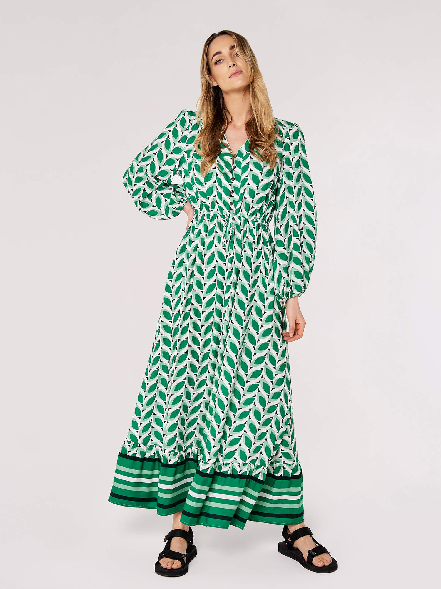 Robe longue feuille verte clearance