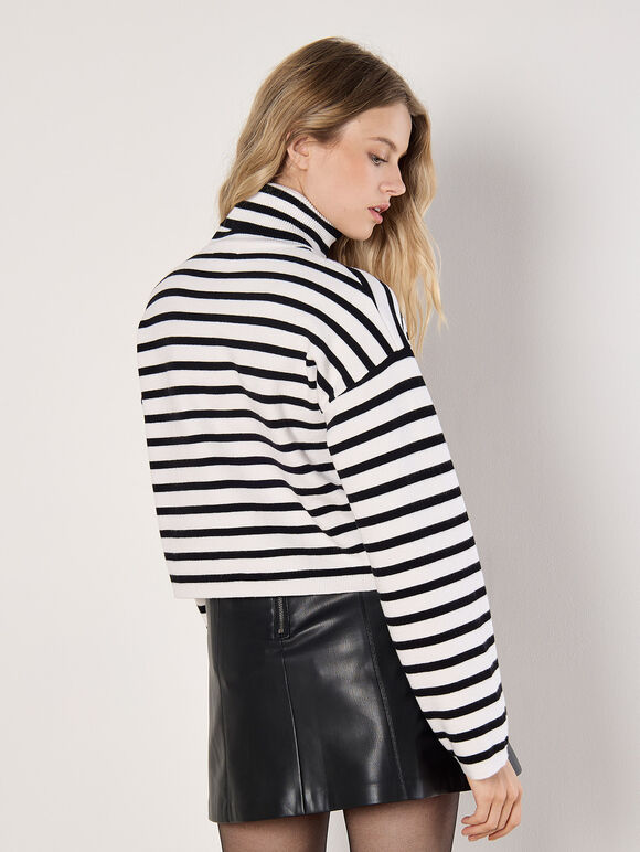 Roll Neck Stripe Cropped Jumper, Cream, large