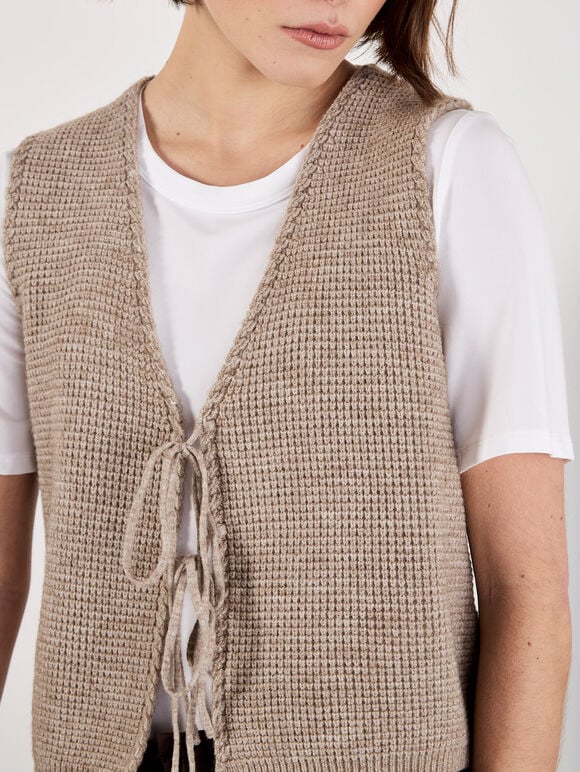 Scallop Edge Waffle Knit Waistcoat, Brown, large