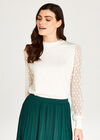 Polka Dot Mesh Sleeve Knit Jumper, Cream, large