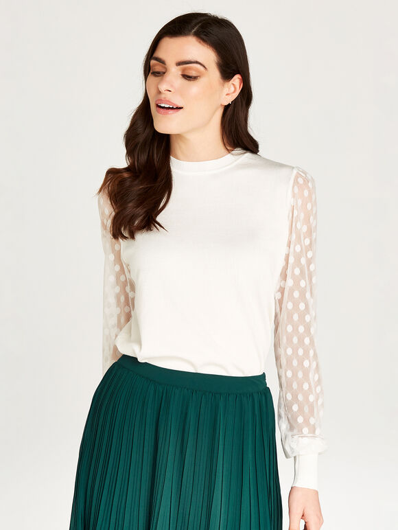 Polka Dot Mesh Sleeve Knit Jumper, Cream, large