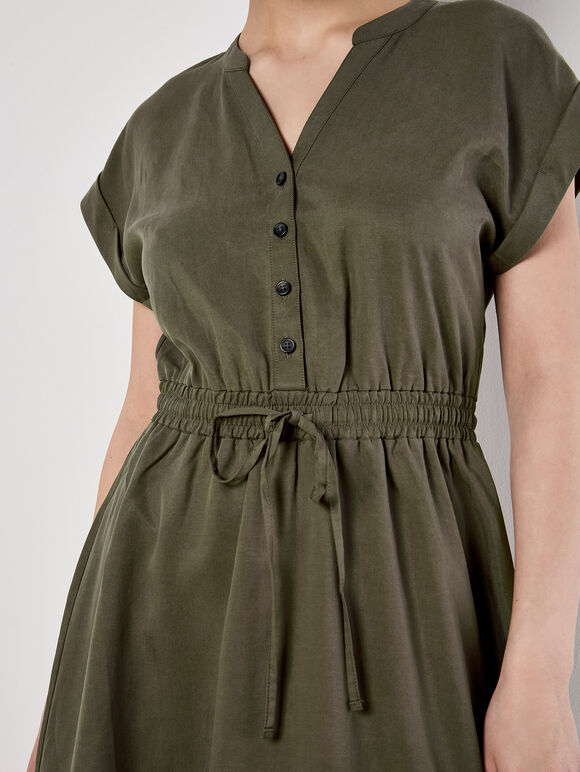 Button-Down Skater Mini Dress, Khaki, large
